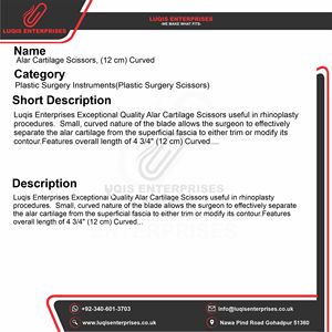 Tijeras para Cartílago Alar de 12 cm, Curvas, Instrumento Quirúrgico de Rinoplastia, Acero Inoxidable - Product Image 5