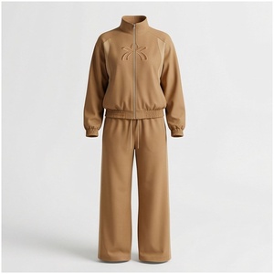 Women Solid Color Tracksuit Set Full Length Zipper Front Embossed Logo Casual Loose Fit Autumn Spandex <b>Polyester</b> <b>Jogger</b> Pants - Product Image 1