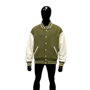 Chaqueta Varsity Verde Oliva Premium, Estilo Letterman, con Mangas Color Crema y Cierre de Botones, Ropa Casual de Otoño, Forro Polar Premium - Product Image 1