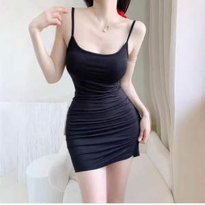 <b>Women</b> <b>Black</b> Ruched Spaghetti Strap <b>Tank</b> <b>Top</b> Scoop Neck Knitted Solid Mini Dress Sexy Club Style - Product Image 3