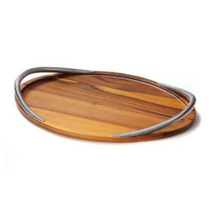 Plateau de service ovale artisanal en bois de manguier avec poignées uniques en nickel argenté pour la maison, l'hôtel et la restauration - Product Image 1