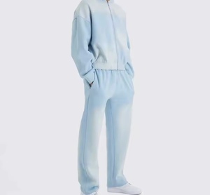 Unisex Light Blue Tracksuit Full Sleeve Zipper Front Casual Solid Color Sweatshirt <b>Pants</b> 100% Cotton Breathable Spring Wear - Product Image 4