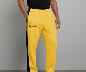 Pantalon de survêtement vintage jaune en lin/coton pour homme avec bande latérale noire, cordon de serrage, logo imprimé numériquement, taille et jambes effet délavé à l'acide - Product Image 1