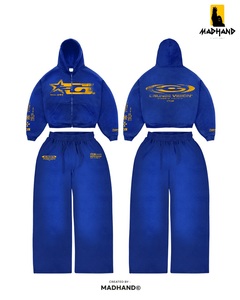 Custom Grunge Vision Streetwear Tracksuit | Cropped <b>Zip</b> Hoodie & Wide Leg Sweatpants | OEM Vintage Electric Blue Fleece Set - Product Image 6