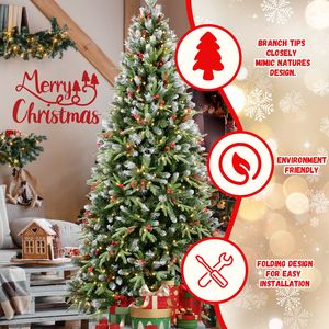 Albero di Natale da 180 cm con 350 luci LED bianco caldo, 1593 rami in PE+PVC effetto neve, bacche rosse, pigne, design a cerniera - Product Image 3