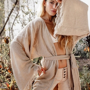 Vestido Kimono Bohemio Beige de Manga Ancha, Vestido Kaftan, Cárdigan de Algodón Crudo, Chaqueta Orgánica para Mujer, Estilo Nómada, Tulum - Product Image 1