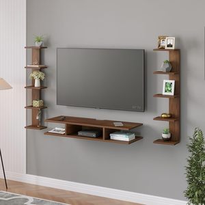 Meuble TV mural en bois d'ingénierie avec étagères pour décodeur et rangement de livres et d'objets décoratifs - Product Image 1