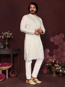 Exclusive Smart <b>Silk</b> <b>Kurta</b> Pyjama Set With Embroidery Mirror Work Party Wear Festival Wedding Mens Ethnic Wear Style - Product Image 3