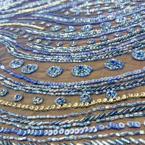 Tissu de luxe bleu brodé à la main avec strass 3D et paillettes pour robe de soirée haute couture, robe de mariée, robe de bal, confection sur mesure - Product Image 2