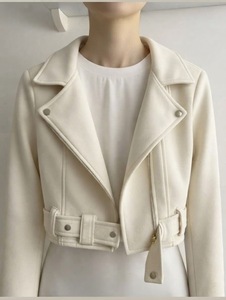 Chaqueta Racer Regular para Mujer, Mezcla de Lana y Mezclilla, Impermeable, con Cremallera y Cinturón de Piel de Oveja - Product Image 3