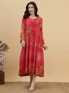 Vestido Casual de Rayón con Estampado Tie-Dye Rojo Hecho a Mano para Mujer, Estilo Línea A, Ligero y Transpirable, Ideal para Uso Diario y Fiestas - Product Image 4