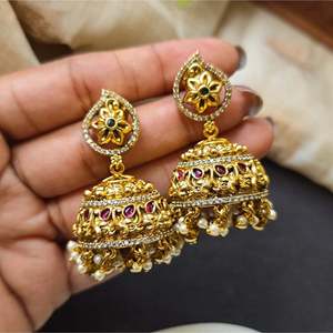 Drop Pearl Jhumka Earrings with Golden Beads for Wedding and Party - Product Image 2