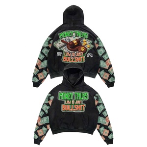 Sweat à capuche imprimé « Money Talks Law Is Just Bullshit » pour homme, streetwear, coupe oversize, longueur standard, en polyester tricoté, noir - Product Image 1