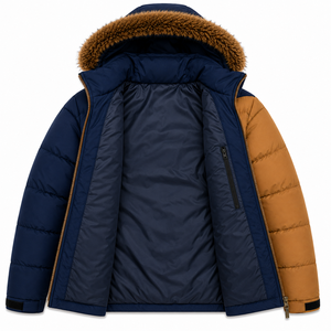 OEM Mens Winter Puffer Jacket Ripstop Nylon Custom <b>Rubber</b> Patch Windproof Insulated Color <b>Block</b> Hooded Coat - Product Image 4