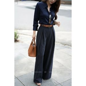 Q9047 Luxury <b>Women</b> Double Belted <b>Pinstripe</b> Wide Leg <b>Trousers</b> High Waist Pants Wholesale - Product Image 3