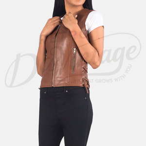 Premium <b>Women</b> <b>Brown</b> Real Leather <b>Vest</b> Side Lace Up Design Slim Fit Sheepskin Motorcycle Waistcoat Classic Biker Gilet - Product Image 4