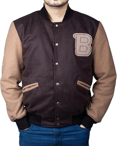 แจ็คเก็ตเบสบอลสีดำขายส่ง สไตล์วิทยาลัย แบบ Letterman แขนหนัง PU แจ็คเก็ตบอมเบอร์สำหรับผู้ชาย แจ็คเก็ตวินเทจ - Product Image 2