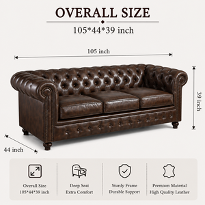 Sofá Chesterfield de Cuero de 3 Plazas con Respaldo Acolchado y Brazos Enrollados, Sofá de Cuero Clásico y Muebles de Sala de Estar para el Hogar - Product Image 2