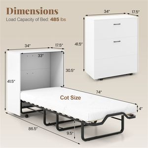 Letto a scomparsa Murphy bianco con materasso da 4 pollici, 553,2 cm x 219,71 cm x 105,41 cm, capacità 220 kg, pannello in legno - Product Image 3