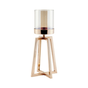 Ensemble de 2 bougeoirs modernes en or rose, supports géométriques en métal avec chambres à flamme en verre pour une décoration de table luxueuse - Product Image 4