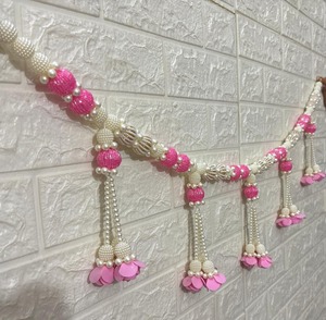 Handmade Pearl <b>Beaded</b> <b>Door</b> Hanging Toran with Pink Flower Tassels - Product Image 2