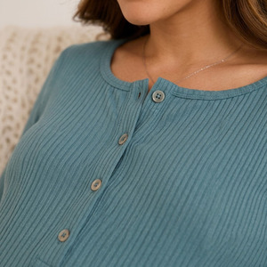 Vestido de Maternidad Acanalado de Manga Larga con Botones Delanteros, Largo hasta la Rodilla, Color Sólido, Tipo Camisón para Mujer - Product Image 5