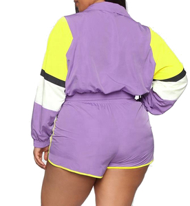Ensemble de survêtement color block pour femme grande taille, violet et jaune, manches longues, coupe ample sportive, short à taille élastique, col rabattu - Product Image 6