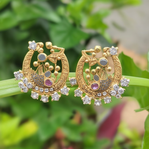 18K Gold Plated Oval Matte Peacock Stud Earrings with Diamond Flower Design - Product Image 3