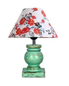 <b>Green</b> Distressed Wood <b>Table</b> Lamp Floral Fabric Shade Rustic Decorative <b>Bedside</b> Night Light for Farmhouse Living Housewarming - Product Image 1