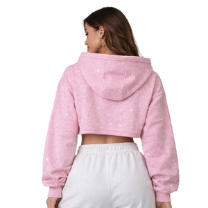 Sudadera con capucha corta rosa de moda con detalle de lazo, de algodón polar, tela brillante, estilo urbano, personalizada para mujer - Product Image 5