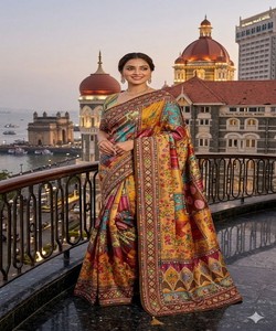 Sari en soie imprimé numérique traditionnel, chemisier non cousu, longueur au sol, séchage rapide, pour femme, idéal pour mariage et fêtes, Inde Pakistan 85371 - Product Image 2