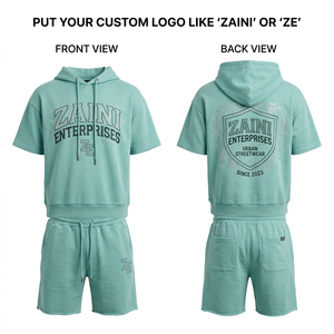 Ensemble court à capuche pour homme en molleton de coton premium 340 GSM respirant, avec logo personnalisé en strass, couleur vert menthe doux, pull à capuche assorti - Product Image 1