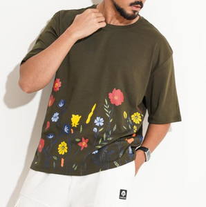 T-shirt pour homme à imprimé floral, coupe ample et épaules tombantes, en tissu tricoté respirant épais 240 GSM 100% coton, logo personnalisé OEM - Product Image 4