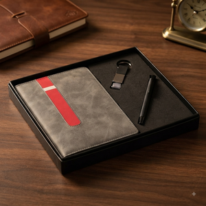 Aurelux Grey Corporate Premium <b>Notebook</b> Gift <b>Set</b> Red Striped case Bound Journal Metal Keychain Black Ball Pen Professional - Product Image 2