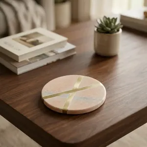 Exclusive Round Marble Drink Coasters Set Natural Stone Heat Resistant Waterproof <b>Table</b> Mats for Everyday Use - Product Image 1
