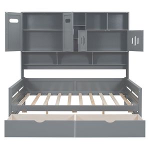 Divano letto matrimoniale in legno con 2 cassetti, armadio e scaffale grigi tutto in uno - Product Image 5