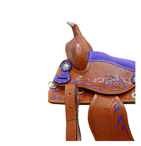 Floral & Basket Hand Tooled Brown Leather Western Barrel Horse Saddle Purple Suede Seat 10" To 18" Inch LLT - Product Image 4