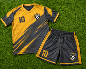 Ensemble de maillots de football personnalisés par sublimation pour hommes, uniforme de football à manches courtes, maillot et short d'équipe, noir et or, respirant, séchage rapide - Product Image 6