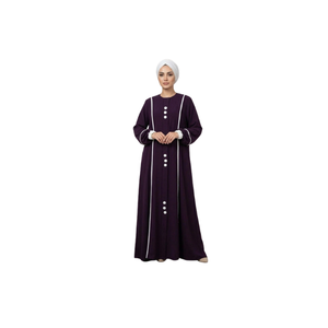 Abaya longue vert olive pour femme avec panneau blanc et détails lacés, coupe ample et modeste, en coton, pour usage quotidien, style Moyen-Orient - Product Image 3