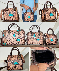 Floral Mini Hand <b>Tooled</b> Genuine Cowhide <b>Leather</b> Speedy Duffel Bags Luggage with Zipper Closure Crossbody Shoulder Bag for Unisex - Product Image 3