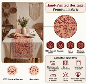 Nappe personnalisable Ridhi imprimée à la main, écologique, durable, lavable, motif floral pêche, bordure bordeaux moderne - Product Image 5