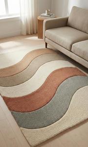 Tapis d'appoint moderne abstrait ondulé en laine, antidérapant, doux, tufté, multicolore, à rayures aux tons terreux, à poils moyens, pour salon - Product Image 2