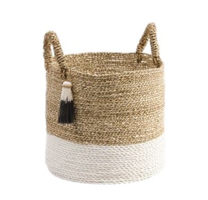 Unique Design Seagrass Basket Featuring Hand Crafted White Base and Tassel Storage Laundry Hamper <b>Container</b> Bin - Product Image 3