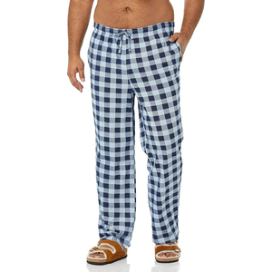 Pantalon de survêtement homme en coton à carreaux bleus, taille mi-élastique avec cordon de serrage, décontracté, léger et respirant, idéal pour l'été et la détente, avec poches - Product Image 1