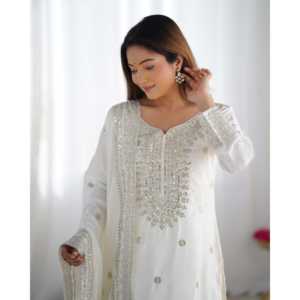 Beautiful Top-Plazzo and Dupatta <b>Set</b> with <b>Embroidery</b> Sequence Work XL Size - Product Image 3