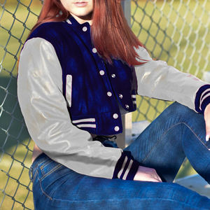 Blouson Bomber Femme Style Universitaire Bleu Marine et Gris avec Manches en Similicuir – Veste Décontractée Tendance pour Dames - Product Image 1