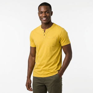 T-shirt pour homme jaune à col en V, coupe ajustée, manches courtes, couleur unie, décontracté, avec poche, en coton tricoté - Product Image 4