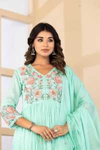 Ensemble Anarkali vert en coton brodé pour femme, longueur genou, avec dupatta, style traditionnel, coupe régulière, séchage rapide, tenue décontractée pour mariage - Product Image 5