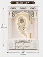 Temple blanc brillant avec un design de plumes de paon, tiroirs de rangement, mandir traditionnel pour la maison, éclairage LED, meubles de salon, USA