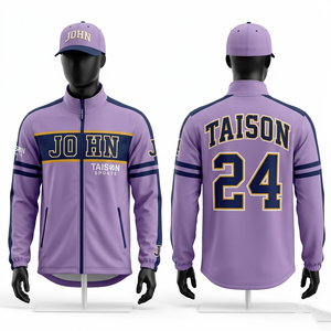 Veste d'entraînement de baseball pour hommes, 325 GSM, mélange de coton et de polyester doux, crème, rayures marine, style varsity, logo brodé en chenille - Product Image 3